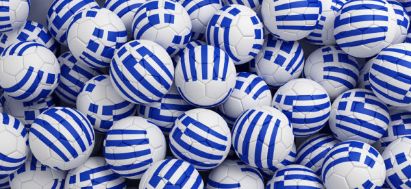Greece football balls (many). 3D render background