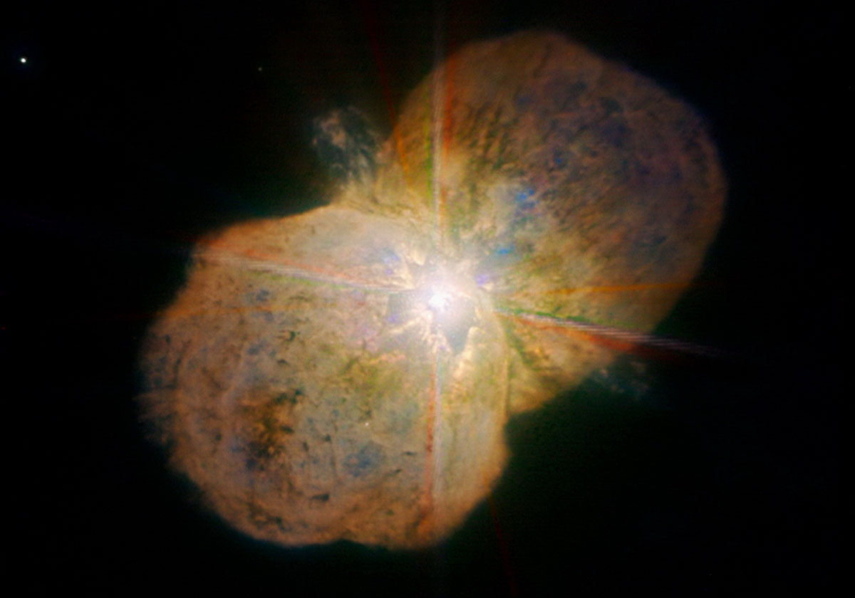 This new image of the luminous blue variable Eta Carinae was taken with the NACO near-infrared adaptive optics instrument on ESO's Very Large Telescope, yielding an incredible amount of detail. The images clearly shows a bipolar structure as well as the jets coming out from the central star. The image was obtained by the Paranal Science team and processed by Yuri Beletsky (ESO) and Hännes Heyer (ESO). It is based on data obtained through broad (J, H, and K; 90 second exposure time per filters) and narrow-bands (1.64, 2.12, and 2.17 microns; probing iron, molecular and atomic hydrogen, respectively; 4 min per filter).