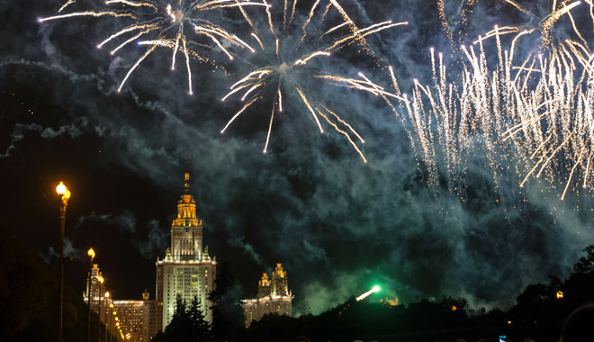 Fireworks over the main building of Moscow State University in Moscow