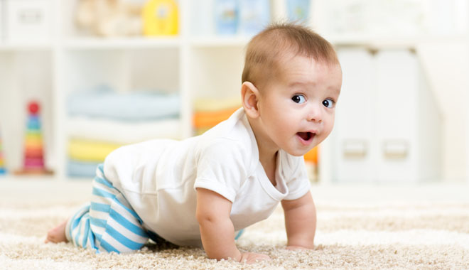 crawling funny baby boy indoors at home