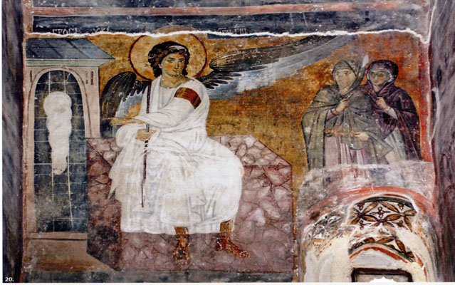 Μονή Μιλέσεβα, ναός Ανάληψης, πρώτο μισό του 13ου αι., τοιχογραφία, οι Μυροφόροι στον τάφο του Χριστού