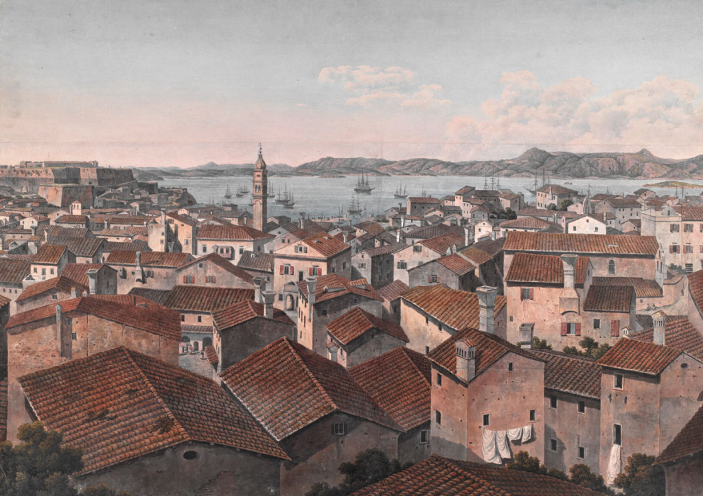 Large panorama taken from a church steeple inside Corfu town,1806, Dodwell and Pomardi