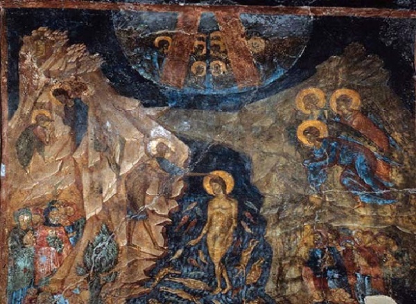 Η βάπτιση του Ιησού: Υστεροβυζαντινή τοιχογραφία στην Περίβλεπτο του Μυστρά