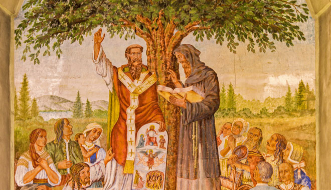 PEZINOK, SLOVAKIA - JANUARY 30, 2013: Fresco of st. Cyril and Metod by Augustin Barta from year 1942 - 1945 in "Lover" church.