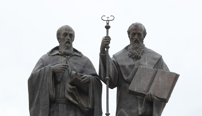 SKOPJE, MACEDONIA - MAY 16: Statue of Saint Cyril and Saint Methodius in Skopje in downtown of Skopje, Macedonia on May 16, 2013
