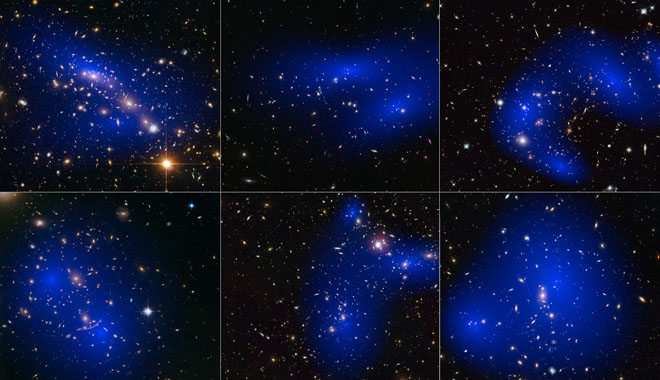 This collage shows NASA/ESA Hubble Space Telescope images of six different galaxy clusters. The clusters were observed in a study of how dark matter in clusters of galaxies behaves when the clusters collide. 72 large cluster collisions were studied in total. Using visible-light images from Hubble, the team was able to map the post-collision distribution of stars and also of the dark matter (coloured in blue).   The clusters shown here are, from left to right and top to bottom: MACS J0416.1–2403, MACS J0152.5-2852, MACS J0717.5+3745, Abell 370, Abell 2744 and ZwCl 1358+62.